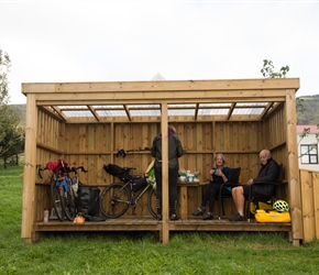 The campsite at Bjarteyjarsandur had an indoor seating area that had variable opening hours. This shelter with chairs and a table was a welcome addition