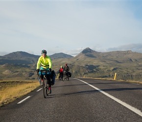 Lorna approaches the top of the climb. The permanant glacier on Snæfellsjökull peaks out behind her