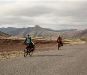 Following the last climb of the day the landscape changed. It was now red areas of volcanic material, rather than the areas of green we had seen before