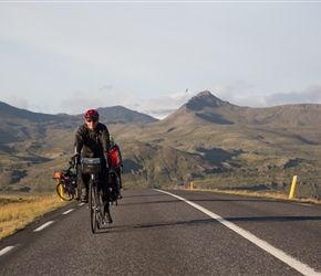 Steve approaches the top of the climb. The permanant glacier on Snæfellsjökull peaks out behind him