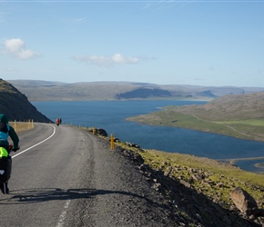 Sharon on the descent to Patreksfjörður. Quite some descent with a switchback the view was beautiful