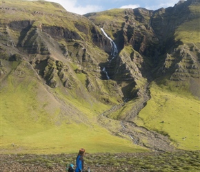 Rachel admires the waterfall. This was the one a few km before Porufoss