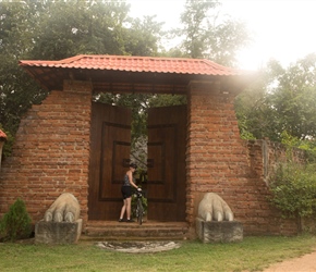 The finish of the day was at the Cloudz Hotel. Karen uses the front door mimicking the entrance to Sigirya itself