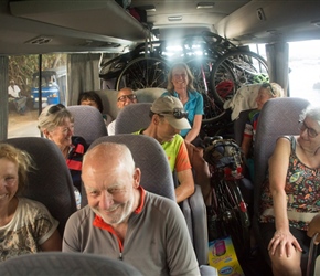 All of us, the bikes and the luggage packed up in the bus for the trip to the last hotel