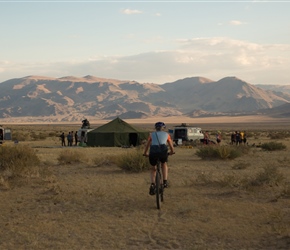 Sharon heads for the first nights camp. Already the cook and main tent are up