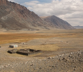 Passing a farmers winter quarters. The animals would be penned and the family live in the building