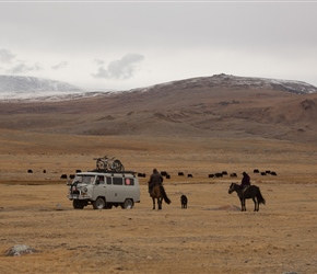 Curious shepherds approach the back up van