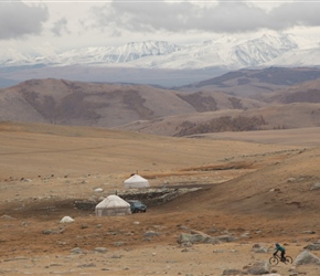 Sharon passes yurts on a glorious descent