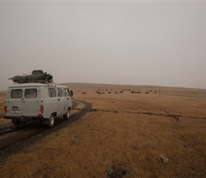 Baghi's van along the plateau with his cooks tent on top and a boot full of food