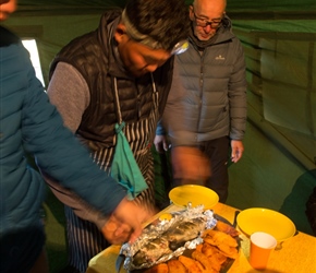 Baghi had been fishing in the lake. Cooking it with the back up of chicken it was delicious