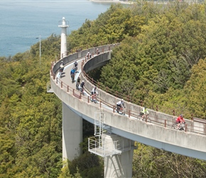 Anita and Shirley descend the 4th Kurushima Kaikoya Bridge