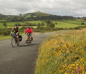 Lester and Andy on the final stretch across Dartmoor with Brentor Church behind