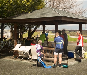 Our first rest / snack stop was after 24km at Nagarebashi Wooden Bridge. Situated over the river it was designed to brea away in flooding to float on chains so that it could be easily repaired.