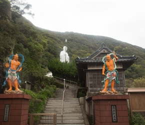 Having lost yesterdays images, I bac traced a bit. Here is the staue of Young Kukai, guarded by his Nero's. Notice that one has a mouth closed, the other open, marking the start and end of life. Kevin thought their positions were reversed in Shikoku