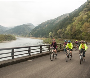 Jo, Jim and Gillian cross a tributory to the Shimanto River on a scenic road