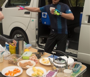 Issy takes a break from guiding us at the morning coffee stop