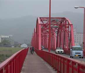 Christine crosses the Watari River Bridge on the outskirts of Shimanto