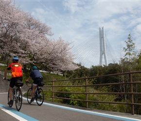 Jim and Sue approach Tatara Bridge. Built in 1999, it's just under 1.5km long