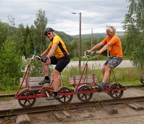 Neil keeps an eye on Siobhan on the train line at Veggli