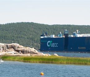 A container ship bound for Sweden on Drammensfjorden