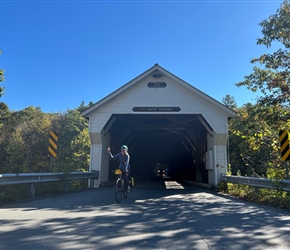 Sarah exits Dummerston Covered Bridge