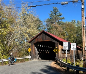 Deborah exits Coombs Covered Bridge