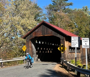 Julie exits Coombs Covered Bridge