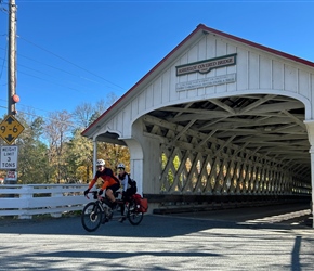 John and Kay exit Ashuelot Covered Bridge