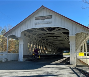 Sarah exits Ashuelot Covered Bridge