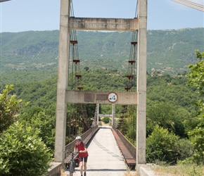 Joanna crosses the suspension bridge